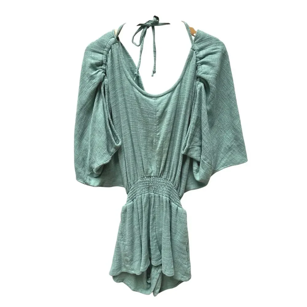 Free People Tie Back Romper Dress Green XS Boho Draped Sleeves Drawstring